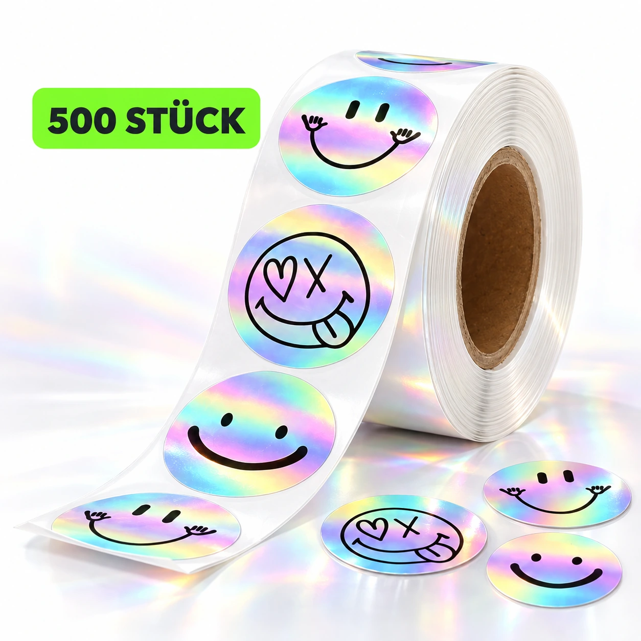 Rolle mit 500 schimmernden Regenbogen-Stickern mit Smiley-Motiven