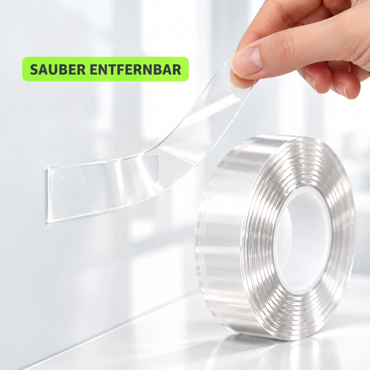 Nano-Klebeband wird sauber von einer Wand abgezogen