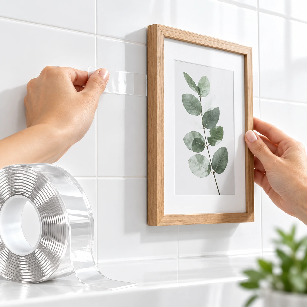 Bilderrahmen wird mit Nano-Klebeband an einer glatten Wand befestigt