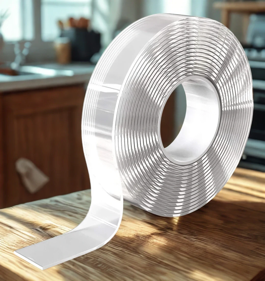 Transparente Rolle doppelseitiges Nano-Klebeband auf einem Holztisch